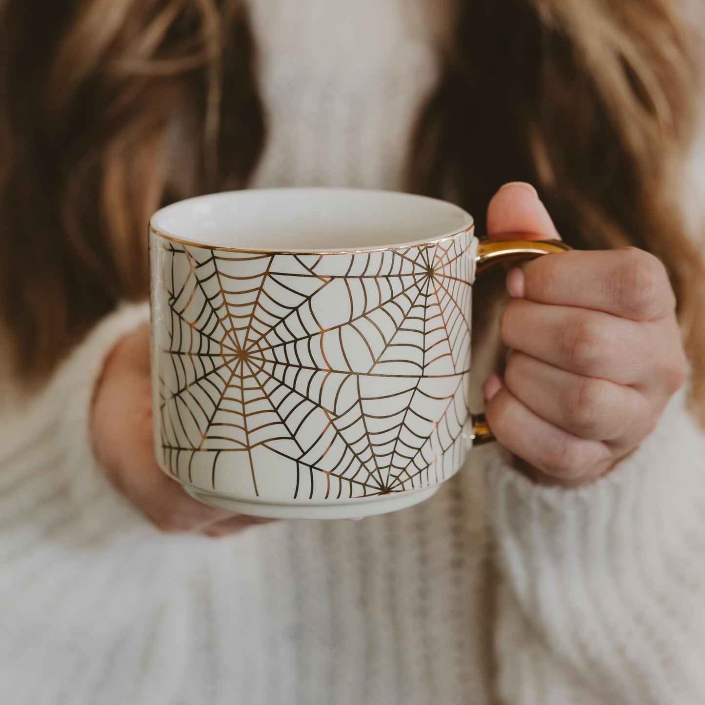 Sweet Water Decor Gold Spiderwebs Mug, 14oz Fine Bone China Coffee Cup with Gold Handle, Cute Halloween Decorations for Home, Spider Web Mug Fall Seasonal Decor, Spooky Season Gifts for Women