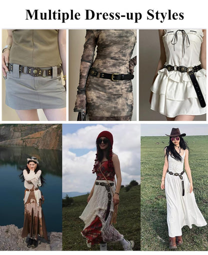 JFYSJH Brown Western Belts for Women Cowgirl Y2K Studded Leather Concho Chain Belt Wide Boho Disc Vintage Country Belts for Dresses Jeans, Fit Waist 38" to 42"