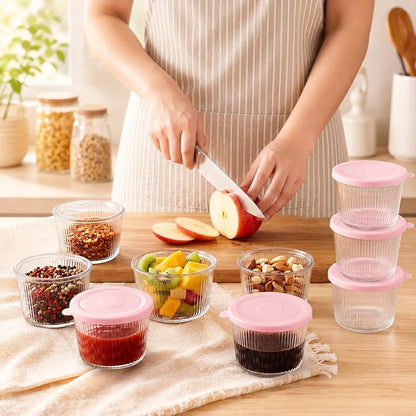 8 Sets Small Glass Bowls with Pink Lids 6.8oz Ribbed Clear Glass Containers Stackable Dessert Custard Pudding Cups Condiment Bowls for Sauces Dips Nuts Oats Candy Dessert Cereal