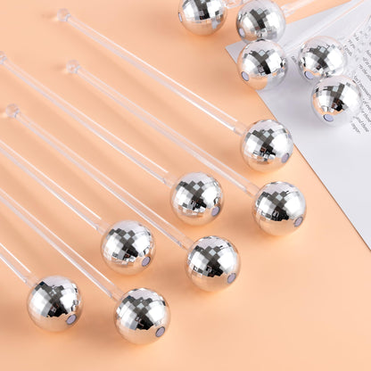 Soledea 24 Pcs Disco Ball Drink Stirrers, 8 Inch Silver Plastic Mirror Ball Swizzle Sticks, Decorative Beverage Stirrers for 70s 80s 1970s Party Home Bar Coffee Shop Use