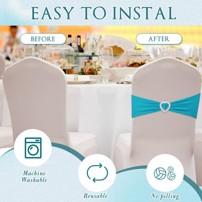 VitalCozy 100 Pcs Spandex Chair Sashes with Heart Shaped Buckle Slider Stretch Chair Cover Band Universal Elastic Ties for Wedding Banquet Event Party Decoration(Turquoise)