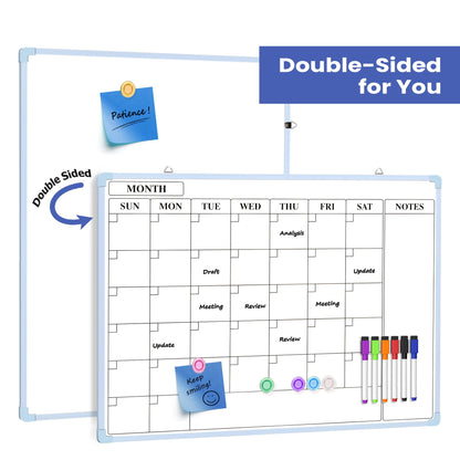 Lumspax Monthly Whiteboard Calendar for Wall, 24" x 18" Dry Erase Board with Plastic Frame, Hanging Dry Erase Calendar with 3 Mini Sticky Notes for Kitchen Planner, Memo, Home and Office, Blue