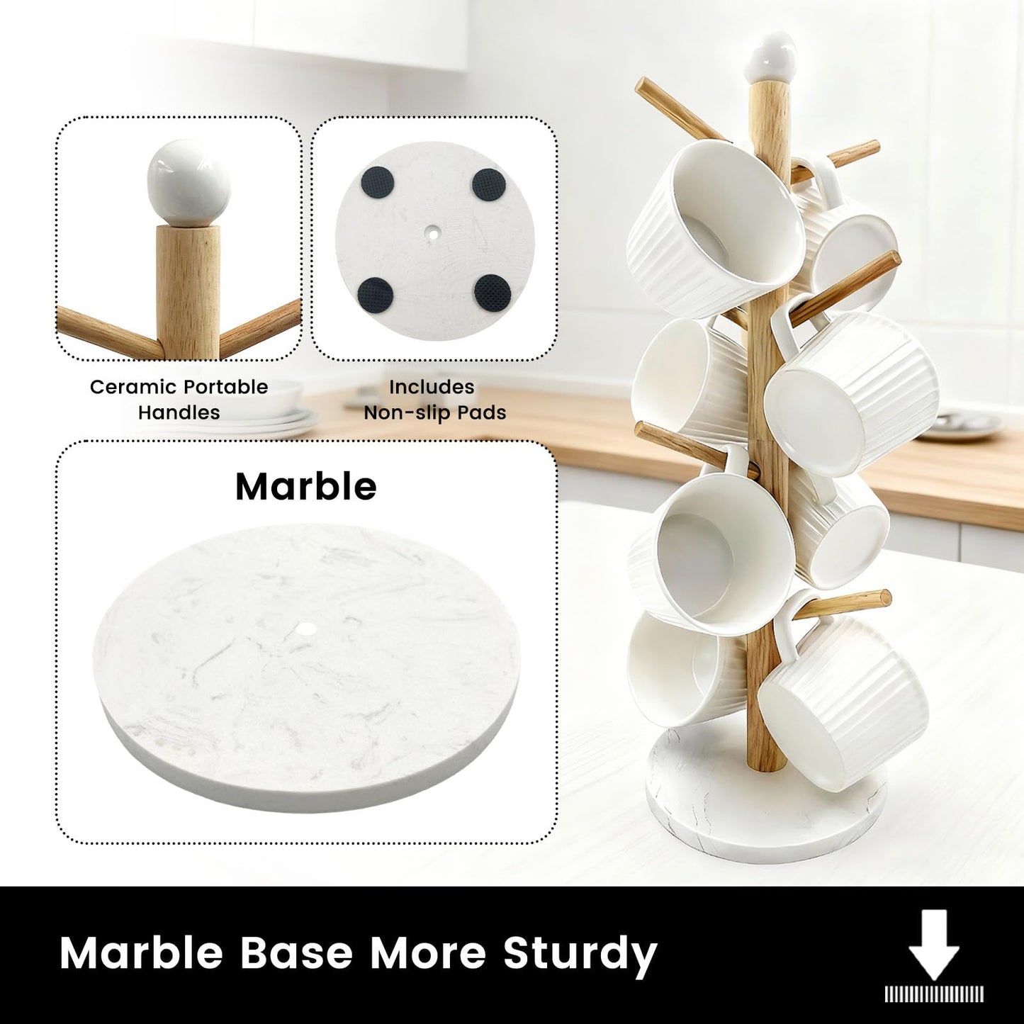SNAIL GARDEN Screwed-in 8 Hooks Coffee Mug Holder, Marble Bas Mug Tree with Ceramic Handles, Wooden Coffee Cup Rack, Cup Stand for Counter Bar Accessories and Decor