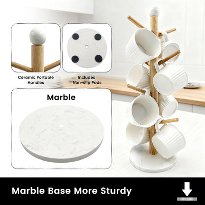 SNAIL GARDEN Screwed-in 8 Hooks Coffee Mug Holder, Marble Bas Mug Tree with Ceramic Handles, Wooden Coffee Cup Rack, Cup Stand for Counter Bar Accessories and Decor