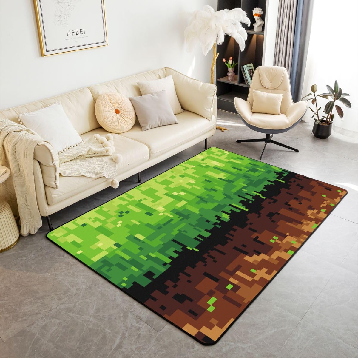 Manfei Pixelated Kids Area Rug,Patchwork Grid Video Games Indoor Floor Mat Entrance Rug for Girls Boys,Miners Lattice Simple Non Slip Rug,Brown Green Couch Living Room Decor,5'x6'6''