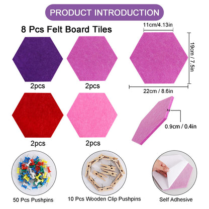 Vuzvuv 8 Pcs Hexagon Bulletin Board with 50 Pushpins & 10 Wooden Clip Pins Adhesive Cork Board for Wall，Felt Pin Board for School，Office Decor（Deep Purple）
