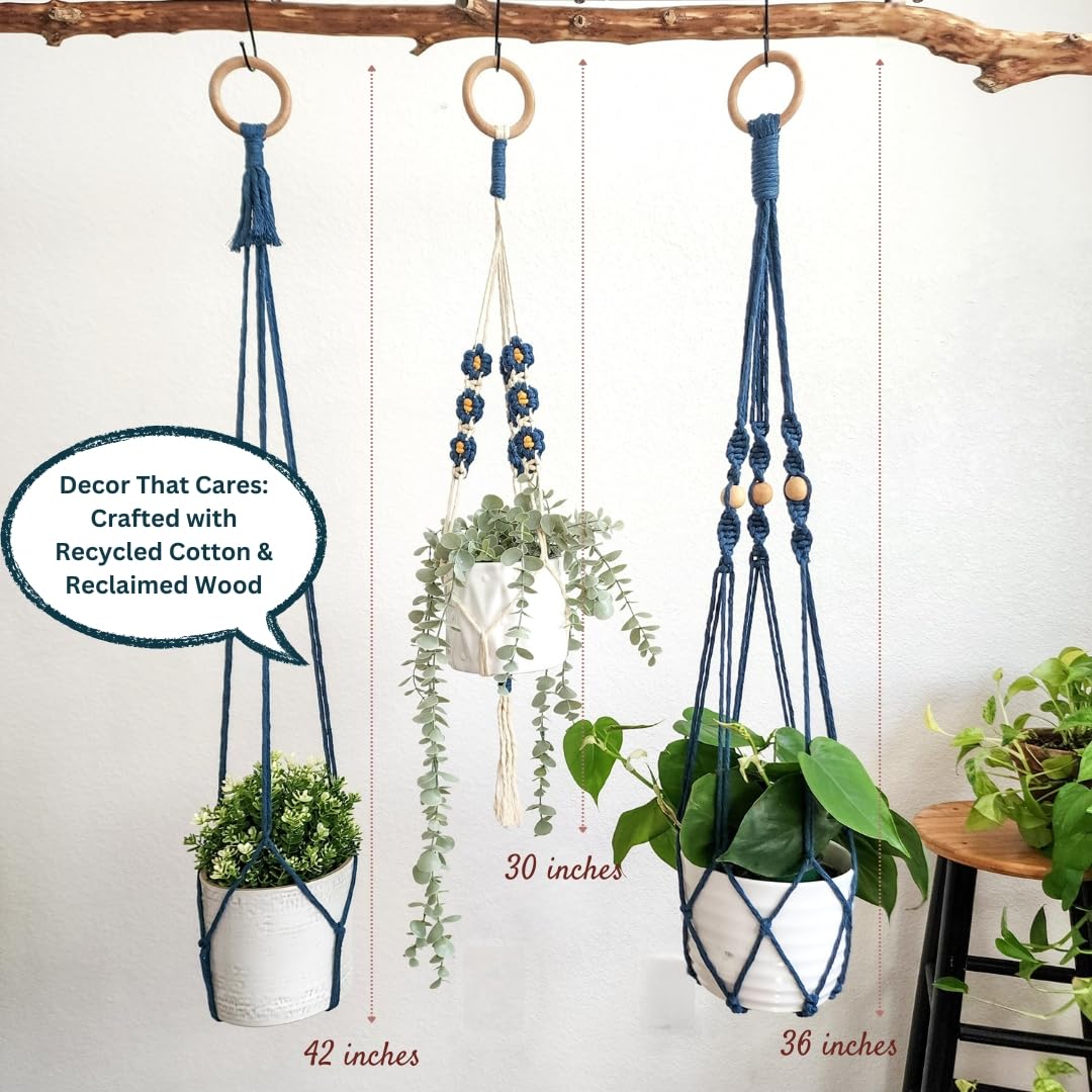 Set of 3 Macrame plant hangers with Daisies & Beads Hanging plant holder Macrame Plant hangers outdoor and indoor hanging planters Plant stand indoor Boho Decor hanging planter stand (Peacock Blue)