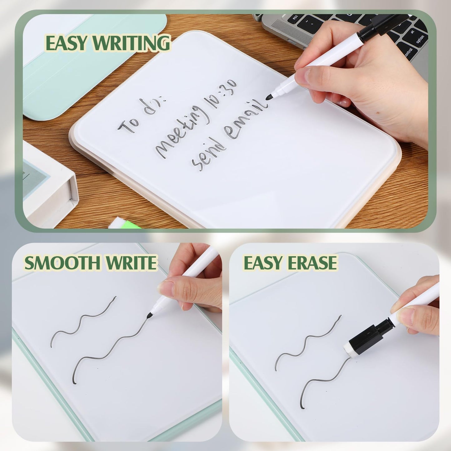 Dunzoom 2 Sets 4 Pcs Small Glass Desktop Whiteboard with Reversable Stand 8x6 Inch Mini Dry Erase White Board Easel with 2 Markers Reusable Desk Notepad for Home Office School Supplies (White,Green)