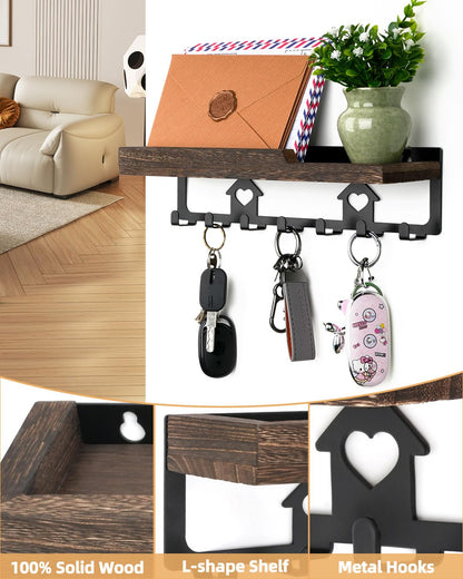 lucdnc Key Holder for Wall with Tray,Decorative 7 Metal Hooks and Paulownia Wood Shelf,Entryway Organizer for Mail,Keys,Sunglasses -Wall Mounted Key Hooks for Office Home Decor Key Rack
