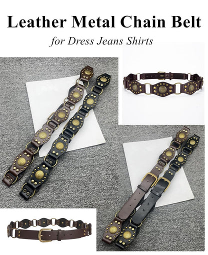 JFYSJH Brown Western Belts for Women Cowgirl Y2K Studded Leather Concho Chain Belt Wide Boho Disc Vintage Country Belts for Dresses Jeans, Fit Waist 38" to 42"