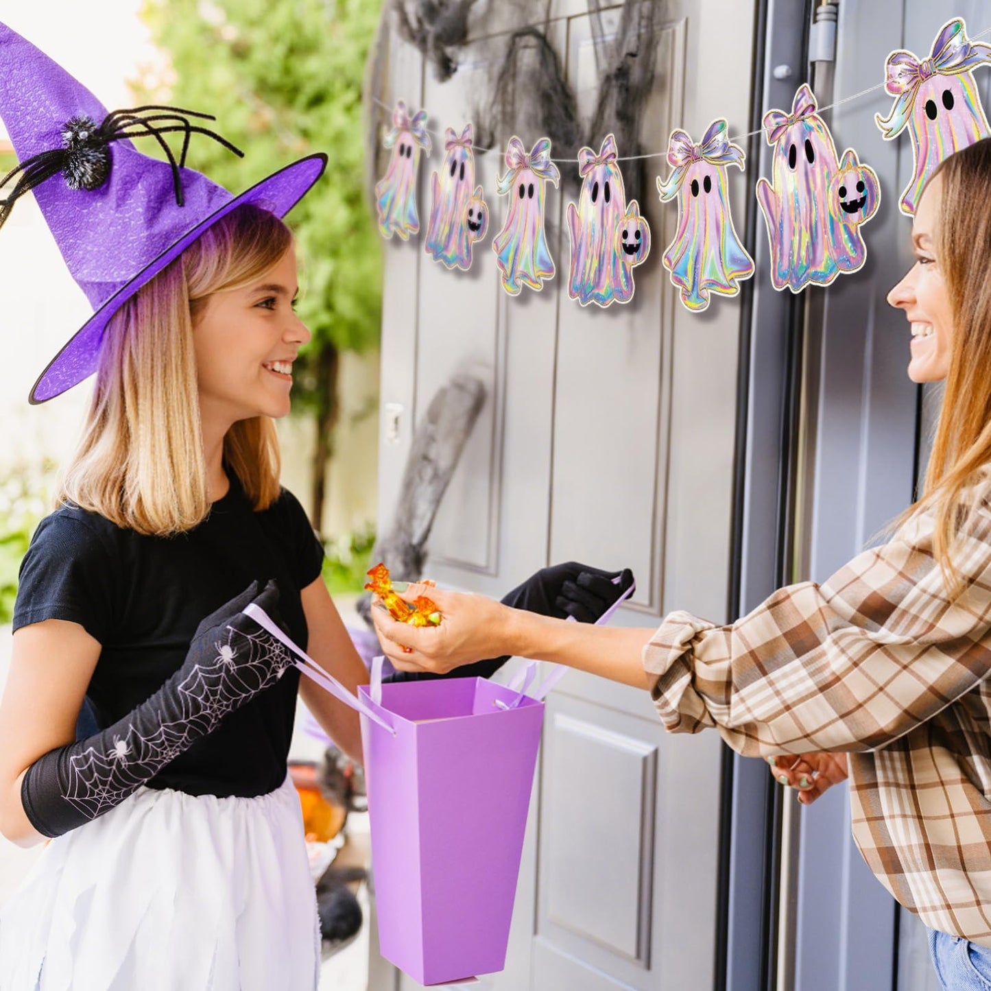 Oudain 2 Pack Halloween Ghost Garland 6.56 ft Iridescent Ghost Decor Laser Cute Boo Holographic Paper Bow Hanging Banner for Halloween Party Decor Birthday Party Home Indoor Outdoor Mantel