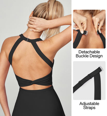 Heathyoga Tennis Dress with Built in Shorts and Bra Athletic Dress for Women Summer Cut Out Twisted Golf Workout Dress Black