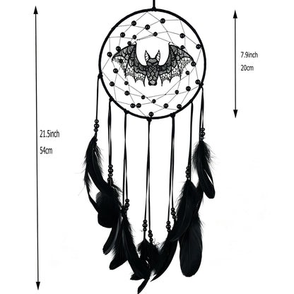 Remorlet Halloween Gothic Black Dreamcatcher with Bats - Large Handmade Bohemian Wall Hanging for Witchy Home Outdoor Decor, Halloween Bat Decor, Dark Gothic Gift (Bat B)