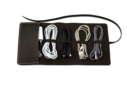 Leather Cord Organizer Wrap for Cables - Brown