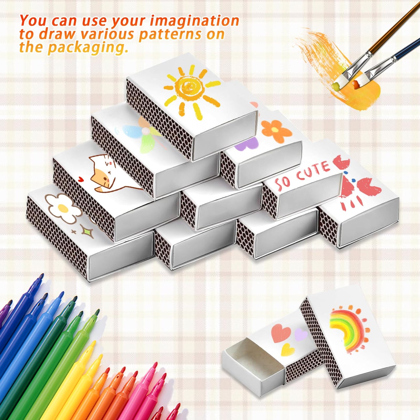 100 PCS Blank Match Boxes (No Matches) 2.25 x 1.42 x 0.59 Inch Bulk Blank Matchboxes, DIY White Storage Containers Holders with Double-Sided Striker for Wedding Bridal Baby Shower Birthday Party