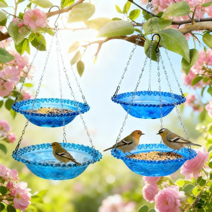 4 Pack Super Value Hanging Plastic Bird Baths and Feeders for Outdoors Bird Water Bowls and Seed Trays Set Attract Wild Birds Garden Yard Decor Gift (4 Pack Blue)