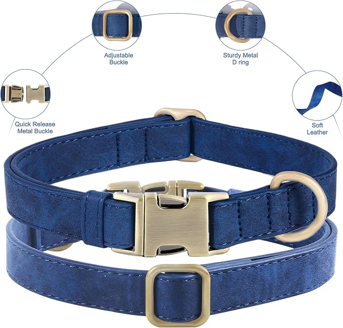 Genuine Leather Dog Collar - Adjustable Pet Collar with Quick Release Metal Buckle, Soft Skin Friendly Real Leather Collar for Small, Medium, Large Dogs (Blue Collar + Rope, S：Fit 8-16" Neck)