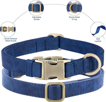 Genuine Leather Dog Collar - Adjustable Pet Collar with Quick Release Metal Buckle, Soft Skin Friendly Real Leather Collar for Small, Medium, Large Dogs (Blue, L：Fit 15-23" Neck)