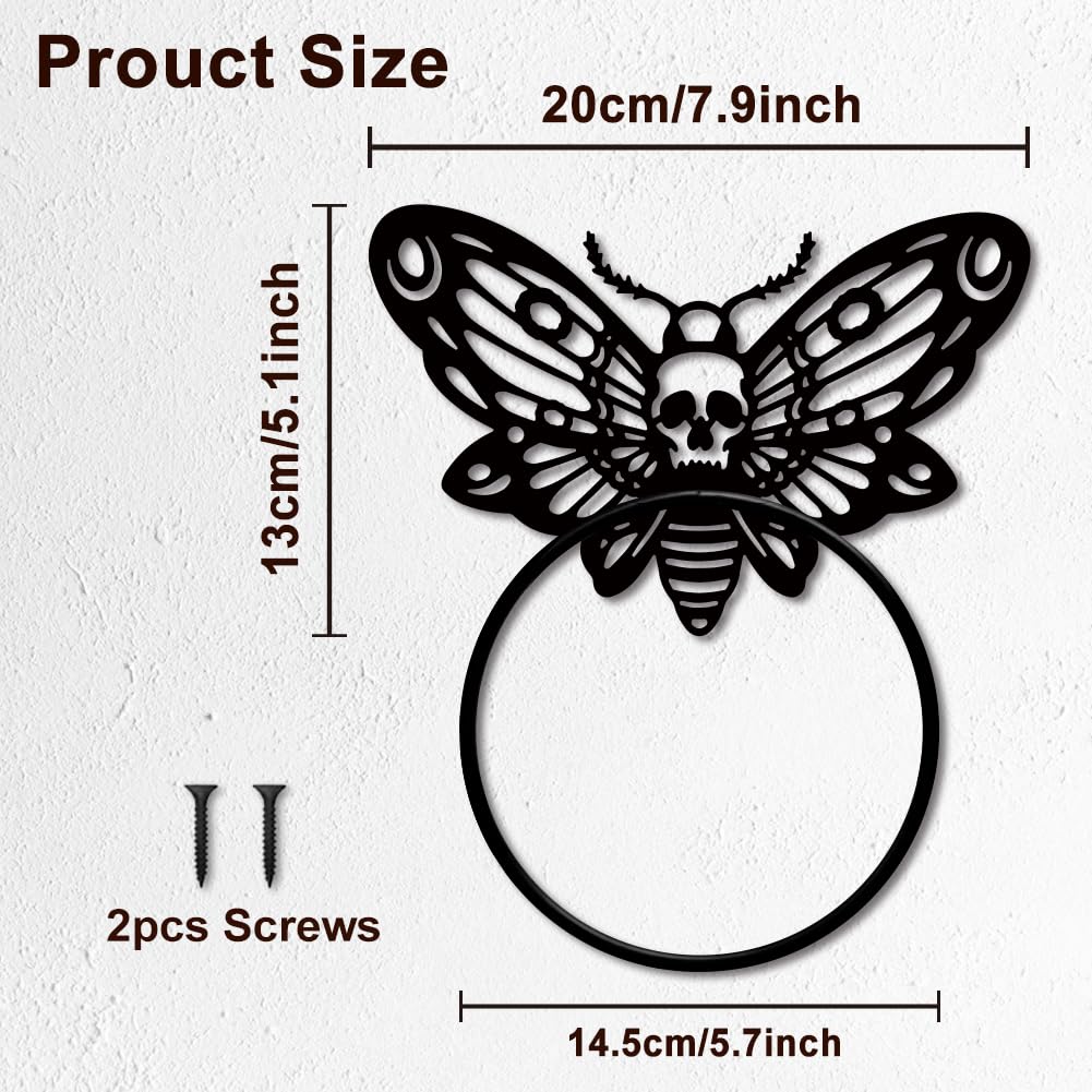 MAYJOYDIY Death Head Moth Metal Towel Ring Halloween Skeleton Insects Towel Holder Bath Towel Ring Black Art Towel Rack for Bathroom Kitchen Towel Hanger Home Decors Gift