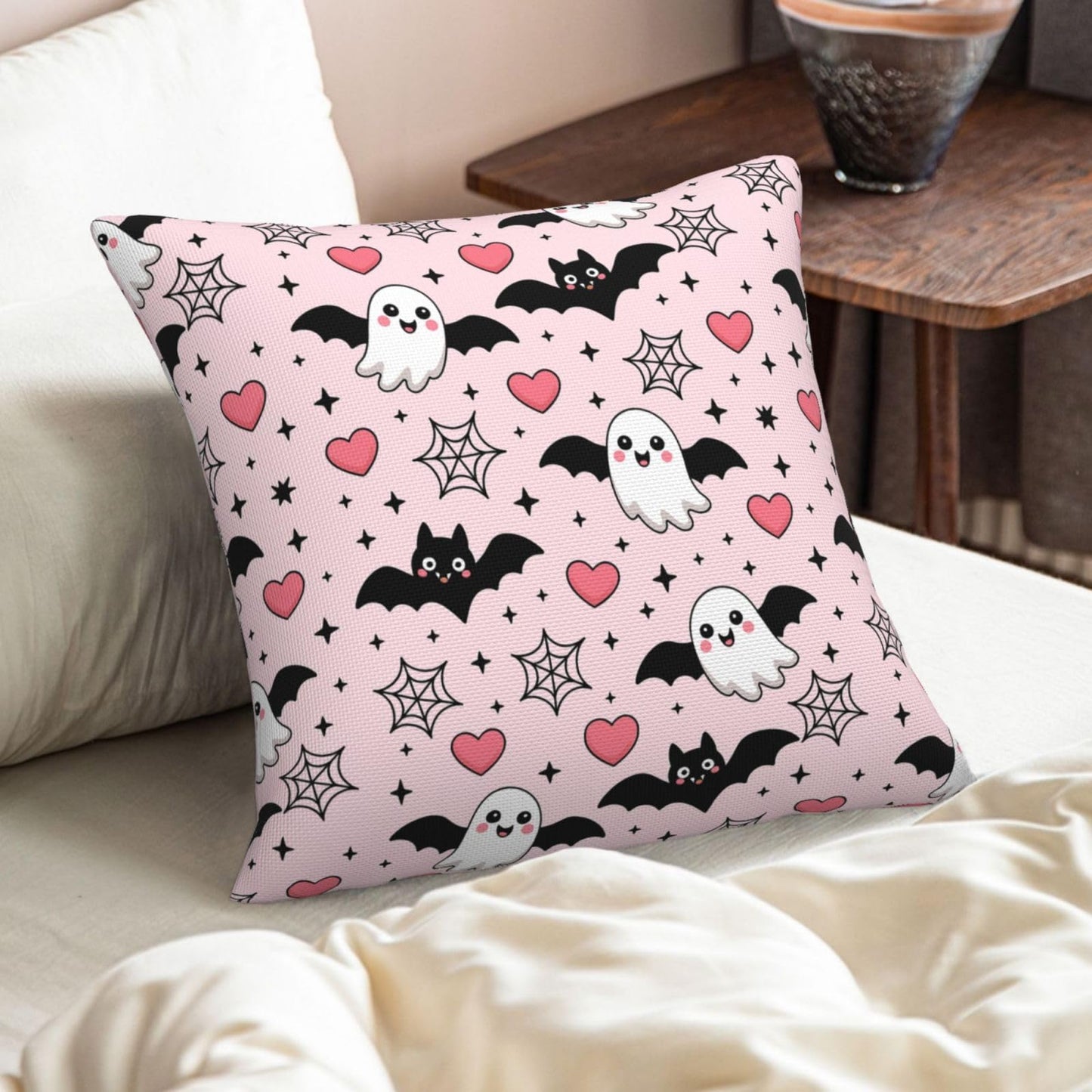 Halloween Pink Cute Ghost Bats Heart Decorative Pillow Covers 16x16 Inch Set of 2 Rustic Boho Flower Outdoor Throw Pillows Neutral Farmhouse Decoration Cushion Cases for Sofa Couch Bed Decor