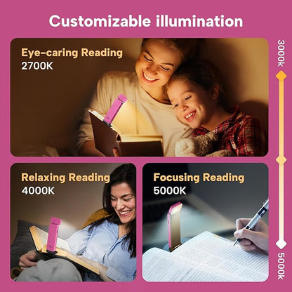 86lux Book Light, Rechargeable Reading Lights for Books in Bed, Ultralight Clip-on LED Bookmark Lamp with 3 Amber Colors & Stepless Dimming for Night Reading for Book Lovers, Kids, Hot Pink