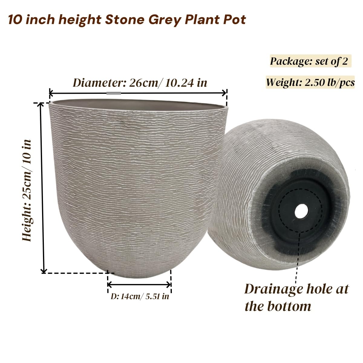 10 inch Plant Pots Stone Finish Lightweight Flower Planter with Drainage Hole for Outdoor Garden Patio Indoor Greenery, Set of 2 (Light Grey)