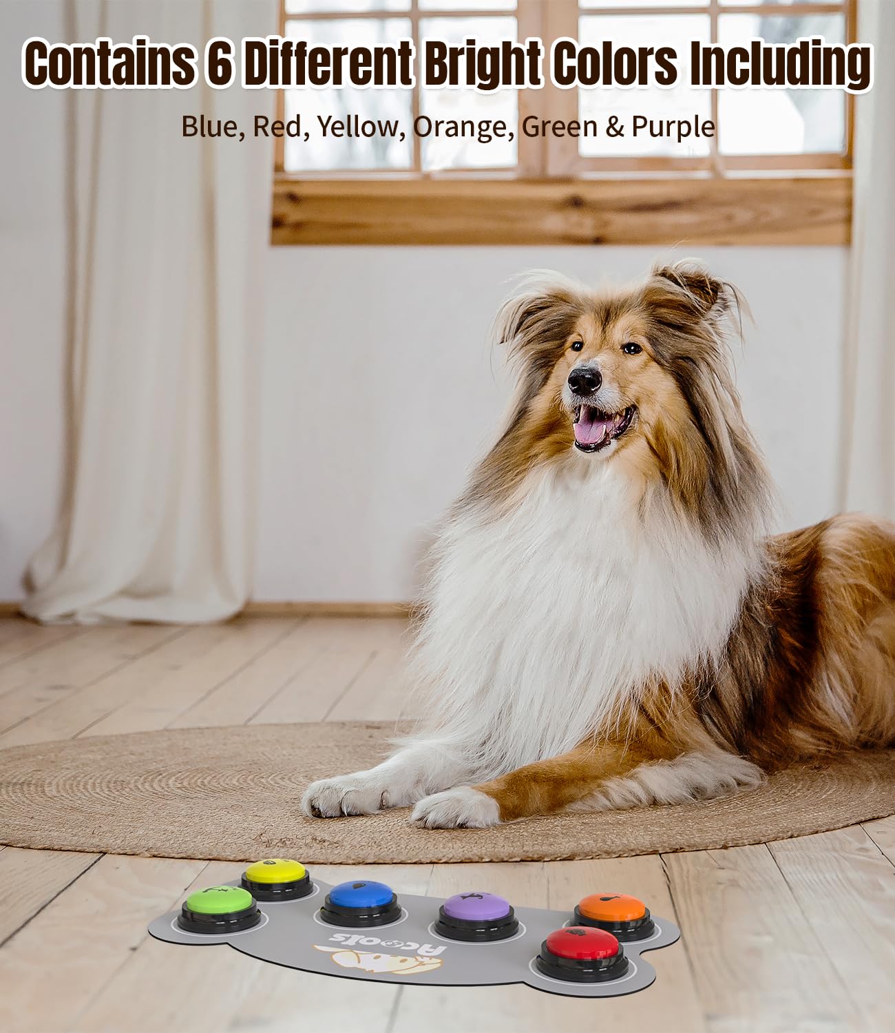 6 Piece Dog Talk Buttons, Dog Buttons for Communication with Non-Slip Mat, 30s Recordable Voice Commands To Train Pet, Dog Talking Buttons Starter Set with 48 Scene Stickers Suitable for Easy Training