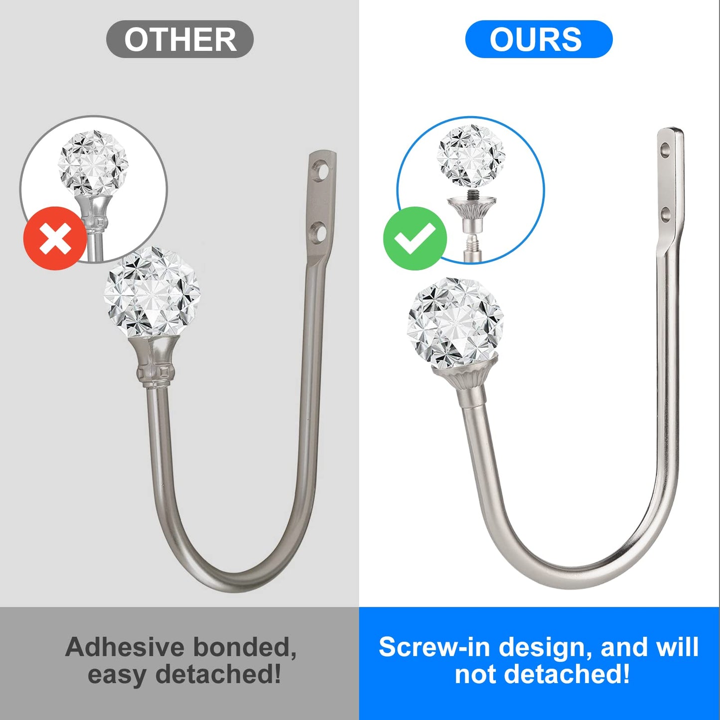 gobutend Curtain Holdbacks, 4 pcs Curtain Tiebacks Hooks for Drapes with Clear Crystal Ball, Wall Mounted Window Curtain Holder for Home Decor, Silver