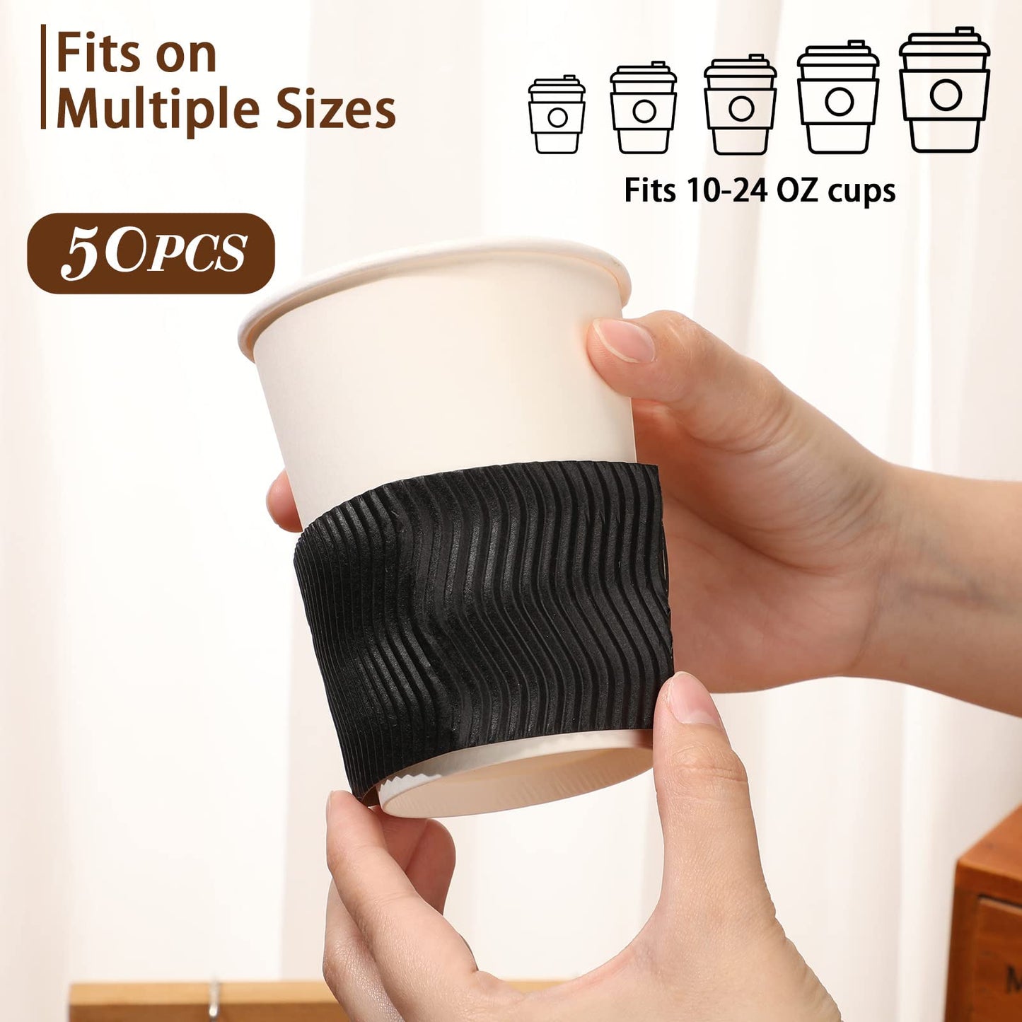 Patelai 100 Pcs Black Disposable Coffee Cup Sleeves for Hot Drinks Wavy Pattern Paper Corrugated Cup Sleeves for Heat Insulation Fits 12, 16, 20, 22, 24 oz Cold Bulk Jacket Holder