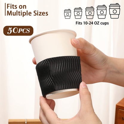 Patelai 100 Pcs Black Disposable Coffee Cup Sleeves for Hot Drinks Wavy Pattern Paper Corrugated Cup Sleeves for Heat Insulation Fits 12, 16, 20, 22, 24 oz Cold Bulk Jacket Holder