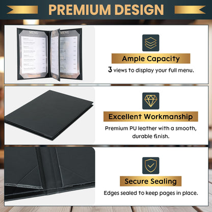 AMGSH 4 View 10 Pack Menu Holder Menu Covers 8.5" x 11" | Certificate Holder Diploma Holder Black Leather Menu Sleeves Book Style for Restaurant Coffee Bars Wine List Fit for Letter Size Paper