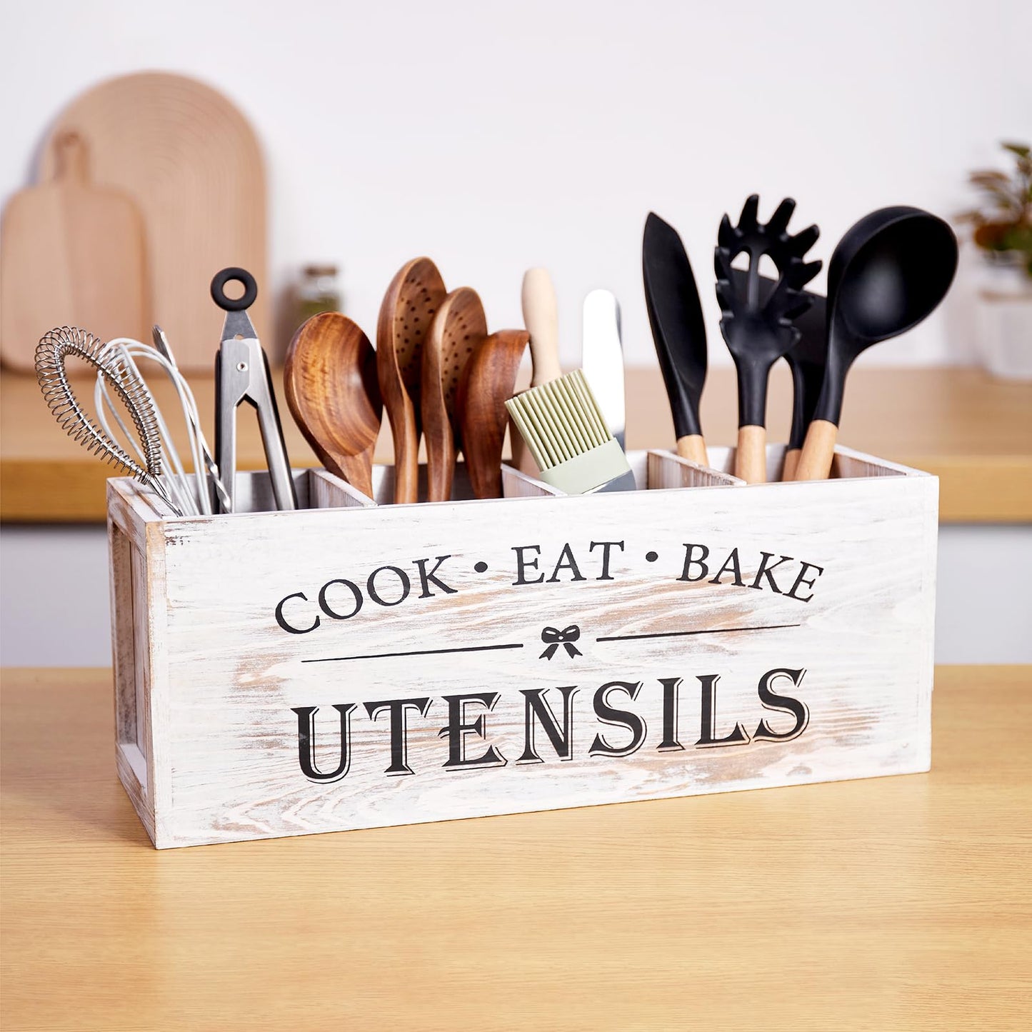 WDT Tool Utensil holder for Kitchen Counter Large Round Utensils Holder with Wooden Base Matte Black Cooking Utensil Holder，Kitchen countertop Utensil Organize (White-4 Compartments)