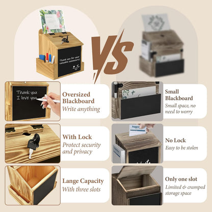Skdtazrz Wooden Suggestion Box with Slot and Lock,Tip Money Donation Box for Savings Fundraising, Tabletop & Wall Mounted Prayer Box, Office Comment Ballot Box with Sign Slot Eraser and Pens