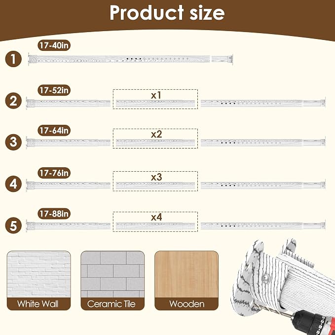 Closet Rod 17-87 Inches，1.3 Inch Diameter Heavy-Duty Adjustable Closet Rods for Hanging Clothes Closet Hanging Rod Metal Closet Poles for Wardrobes Laundry RV Bathroom（White Wood Grain Finish）