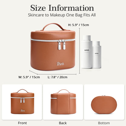 BOYATU Makeup Bag Vanity Case: Vegan Leather Cosmetic Bag for Women - Waterproof Travel Toiletry Organizer with Removable Divider - Portable Make up Bag with Handle (Brown)