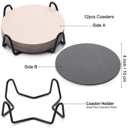 Chitomars Faux Leather Coasters with Holder, Dual Sided Sets of 12, Non-Slip Washable Coasters for Coffee Tabletop Protection (Gray White)