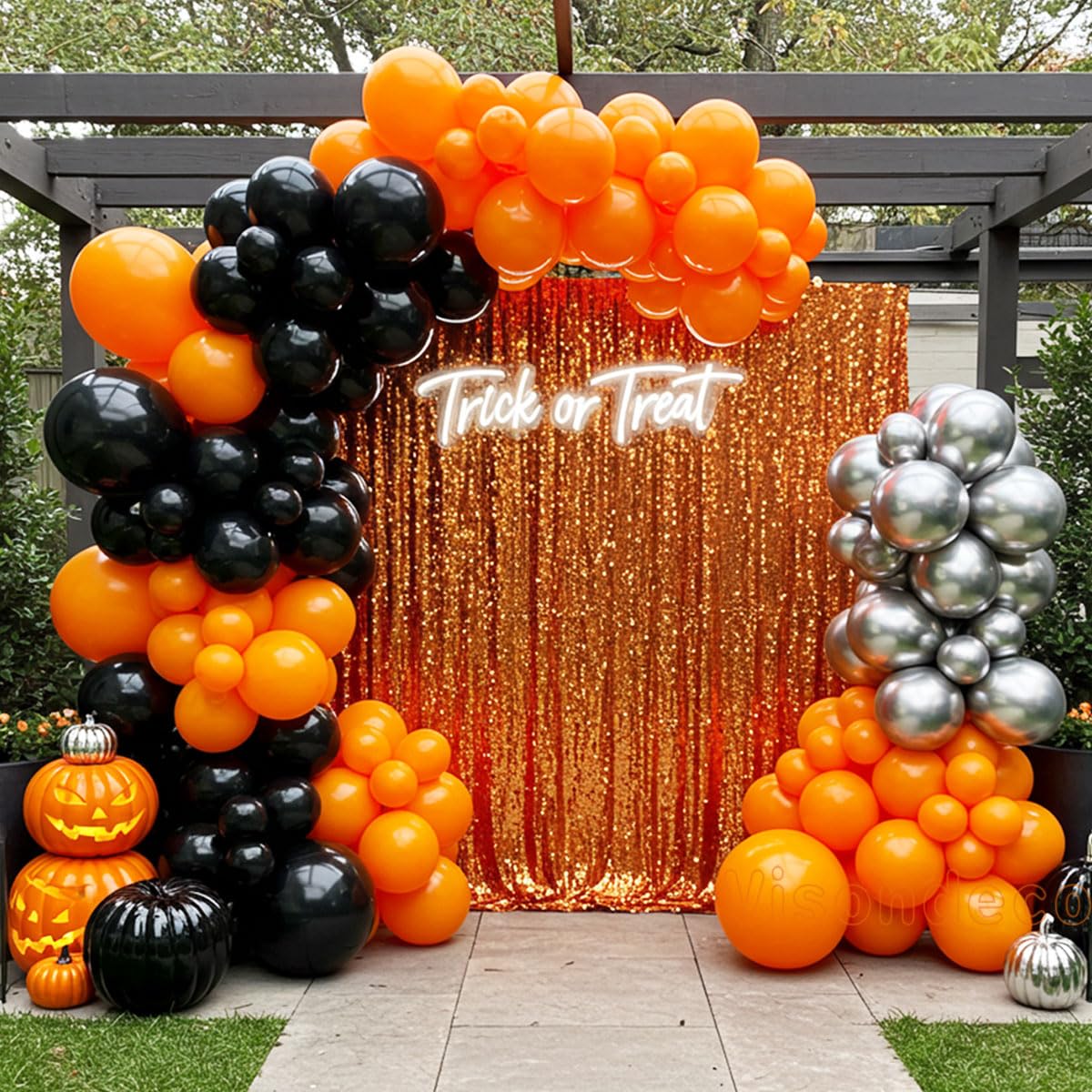 133pcs Orange Black Silver Balloons Garland for Halloween Decorations, Graduation, Basketball Theme Decorations, Party Backdrop, Birthday, Haunted House, Trick or Treat Party Supplies