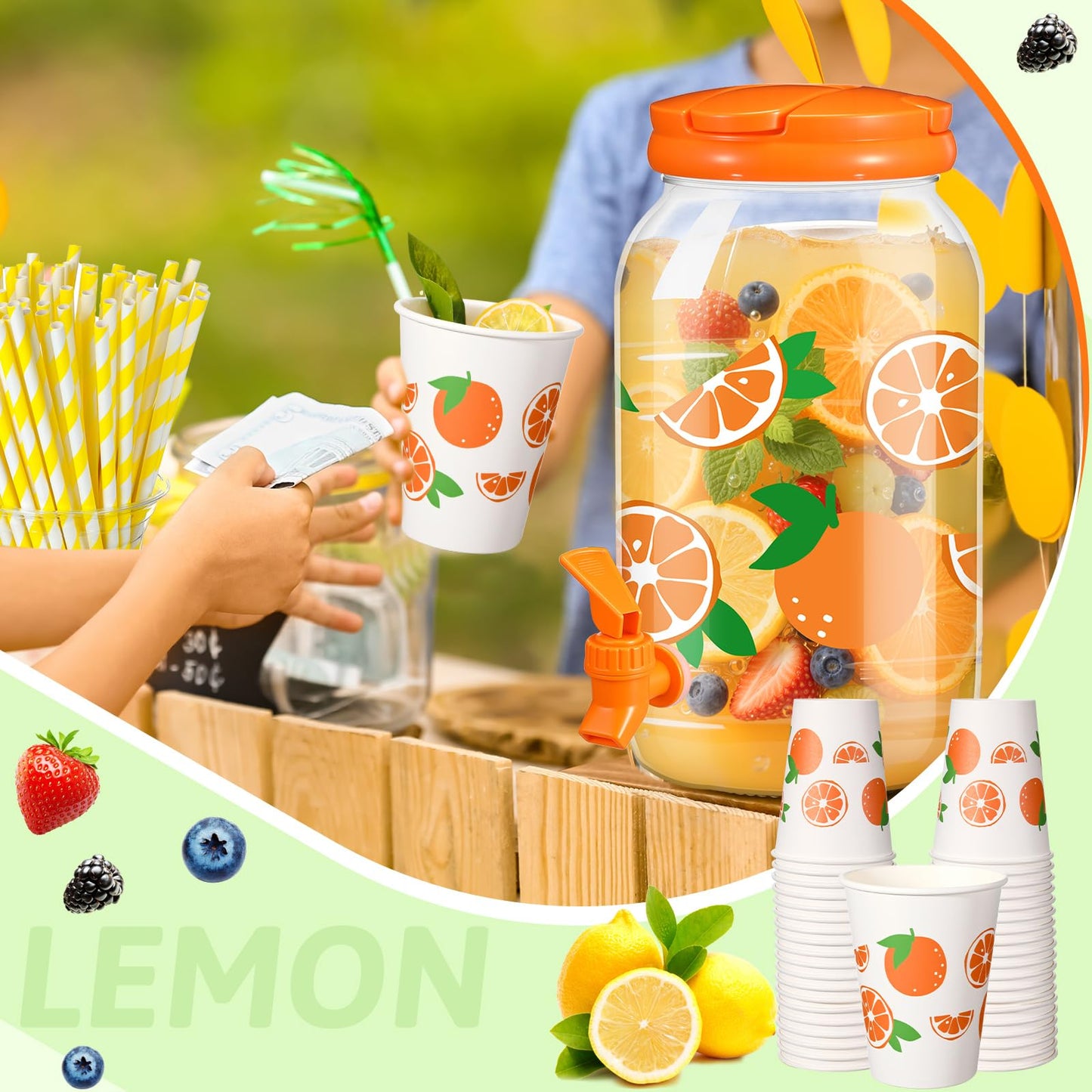 Umigy Tree Clear Plastic Drink Dispenser with 20 Pcs 12 oz Tropical Paper Cups 1 Gallon Kitchen Fridge Beverage Dispenser Plastic Water Dispenser with Spigot for Juice Tea Beer(Orange)