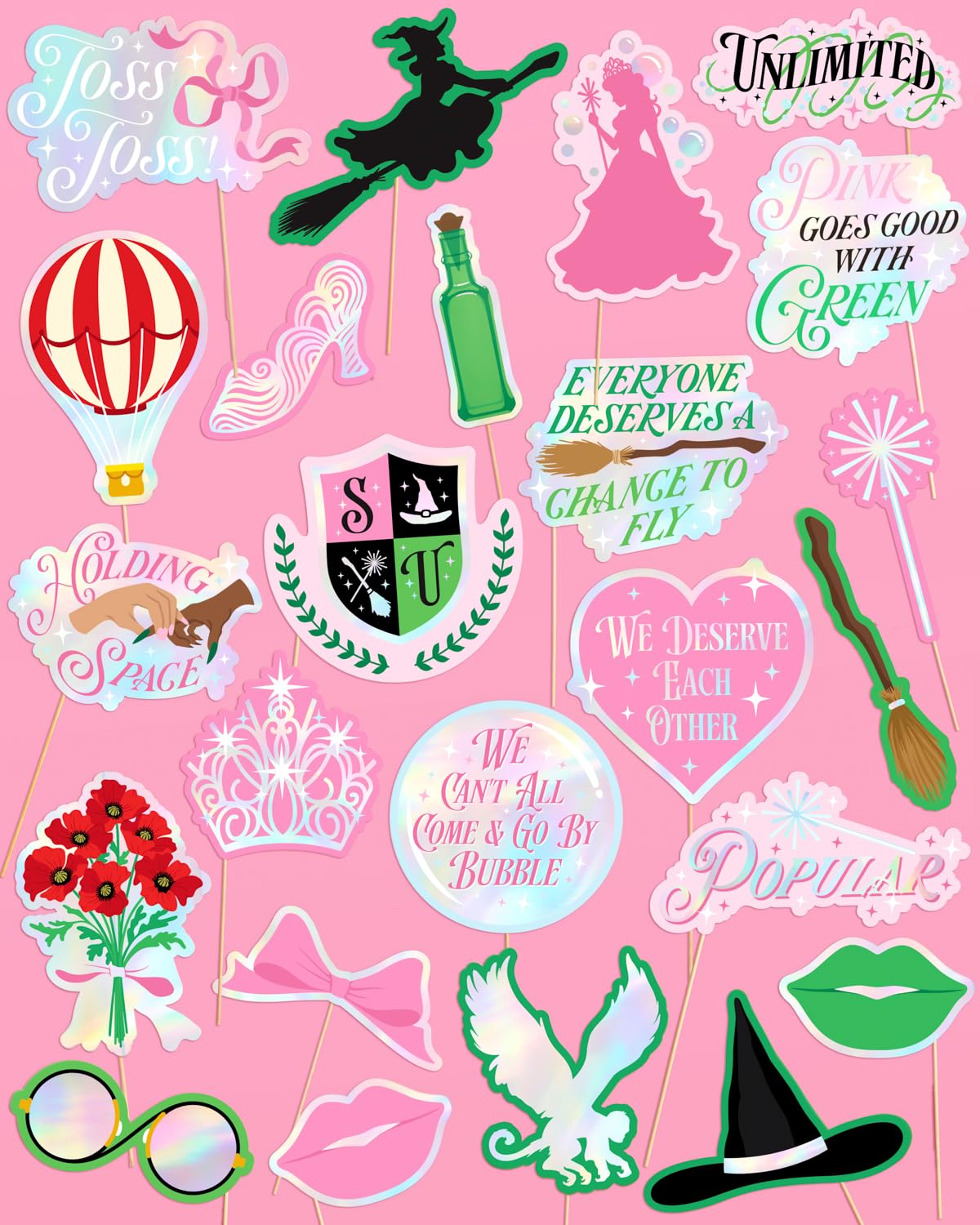xo, Fetti Pink + Green Witch Photo Props - 24 Count | Bachelorette Backdrop, Kids Birthday Party Photo Booth, Movie Night Background Decorations