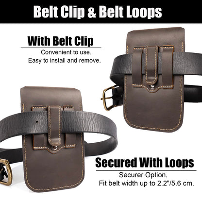 Topstache Leather Phone Holster for iPhone 17/16/15/14/13/12 - Leather Pouch with Belt Clip Phone Holster Belt Case for Galaxy S25/S24/S23/S22 - Universal Smartphone Sheath, L,Darkbrown