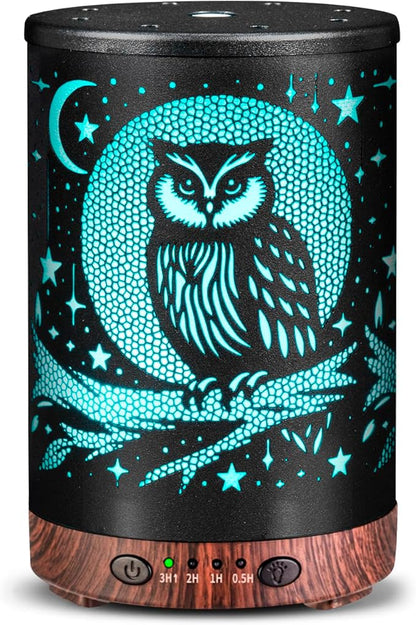 Essential Oil Diffuser 120ML Metal Aromatherapy Diffuser with Timer, Cool Mist Humidifier with Auto Shut-Off & 7 Color Lights for Home Office Spa (Owl)