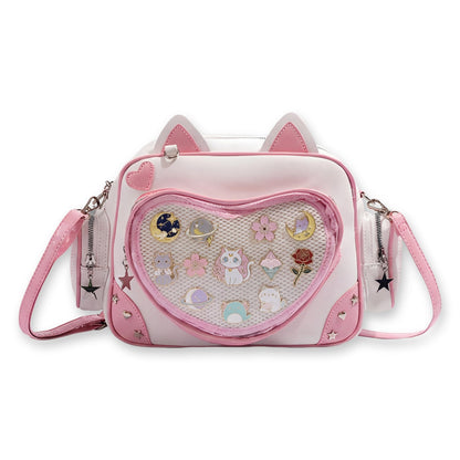 SUSTRALO Pink Cat Ita Bag Backpack with Insert, Kawaii Heart Clear Window Pin Display Backpack, Convertible PU Leather Ita Shoulder Crossbody Bag for Anime Collection