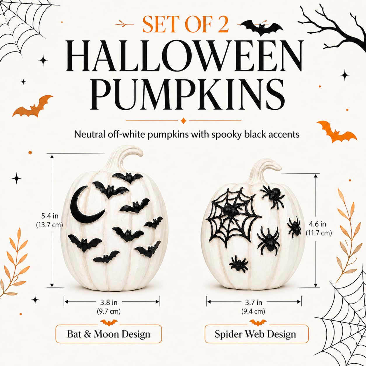 Halloween Pumpkins Decor Set of 2, Halloween Tabletop Decorations, Halloween Pumpkin Figurine Centerpiece for Mantel Shelf Entryway Table, Spooky Fall Home Decor, Pumpkin Statue Decorations Indoor