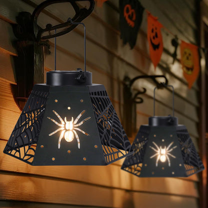 WONDER GARDEN Halloween Lantern Lights, 2 Pack Solar Hanging Spider Wed Lights, Metal Decorative Light for Outdoor Porch Yard Garden Tree Decor
