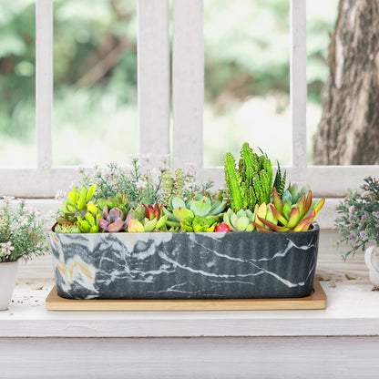 Succulent Pots - 12'' Large Succulent Planters with Drainage Tray Set of 2, Window Sill Planter, Long Rectangle Ceramic Pots for Indoor Cactus Plants Shallow Bonsai Window Box for Home Garden Decor