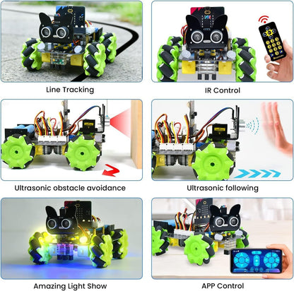 KEYESTUDIO 4WD Smart Car Coding Robot Kit with Microbit V2 for Makecode and Python, DIY Building Robot Kit for STEM Education 15+, IR Remote/APP Control
