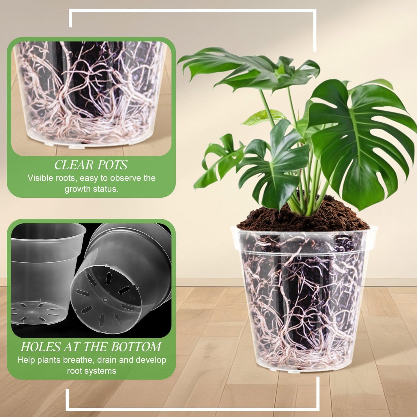 Vesici 6 Pcs 4/5/6/7/8/9 Inch Large Thickened Clear Nursery Pots Variety Pack Plant Pots with Drainage Holes Planters for Indoor Plants Flexible Transparent Plastic Plant Bottle Succulents