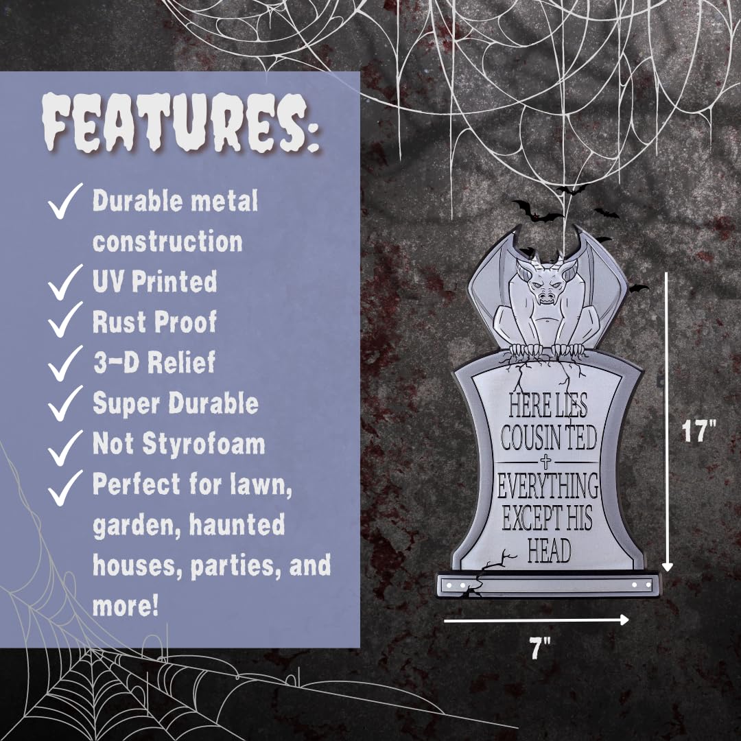 3-D Metal Halloween Ghost XL 17" Tombstone w Stakes-RIP Cousin Ted(Gargoyle)-Durable, Rustproof, UV Raised Printing-Upgrade Your Haunted House Party Cemetery Lawn Decor-No More Flimsy Foam Graveyards