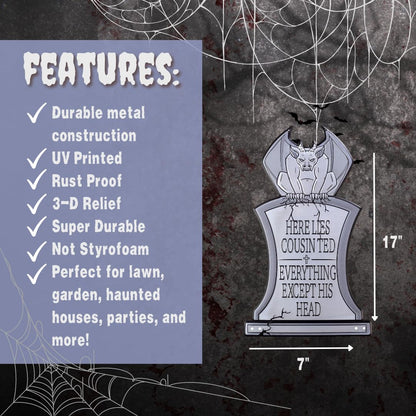 3-D Metal Halloween Ghost XL 17" Tombstone w Stakes-RIP Cousin Ted(Gargoyle)-Durable, Rustproof, UV Raised Printing-Upgrade Your Haunted House Party Cemetery Lawn Decor-No More Flimsy Foam Graveyards