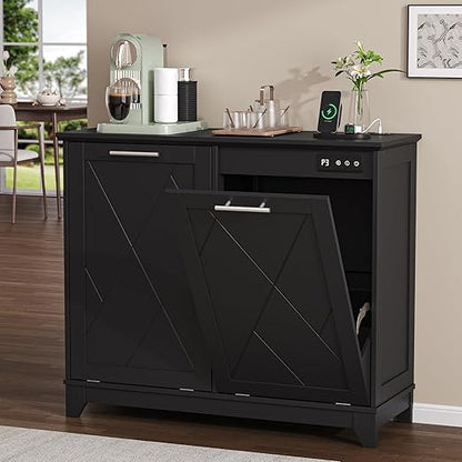 Double Tilt Out Trash Can Cabinet with Charging Station, Negative Ion Odor Control, Hidden Dual 10-Gallon Recycling Cabinet, Dog Proof Garbage Can for Kitchen, Laundry, Dining Room,Black